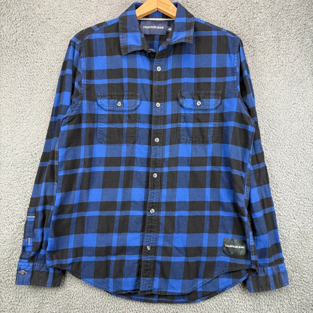Calvin Klein Jeans Mens Medium‎ Blue Black Buffalo Plaid Flannel Button Up Shirt